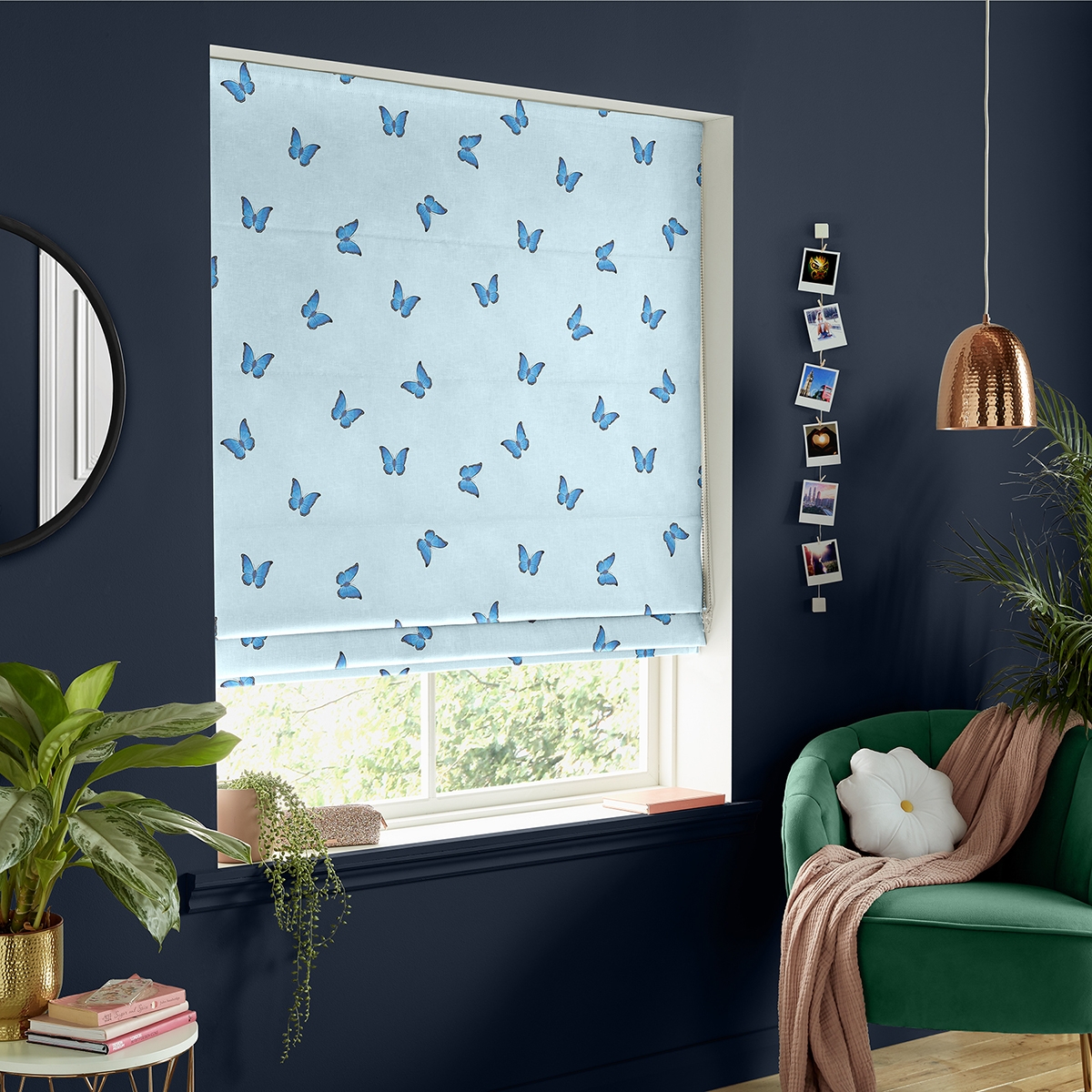 Product photograph of Butterfly Blue Roman Blind from Choice Furniture Superstore.